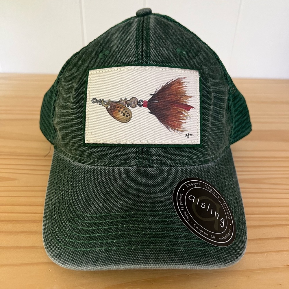 Hand-painted fly fishing dashboard trucker hat. Made by Aisling.